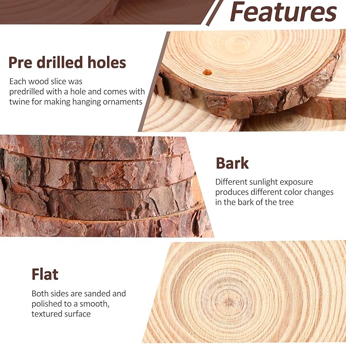 Kathfly 20 Pcs Unfinished Wood Slice with Hole for Centerpieces 3.5-8 Inch 4 Sizes Natural Wood Craft Kit Round Wooden Discs with Paint Brush Palette DIY Craft Christmas Ornament Wedding Home Decor