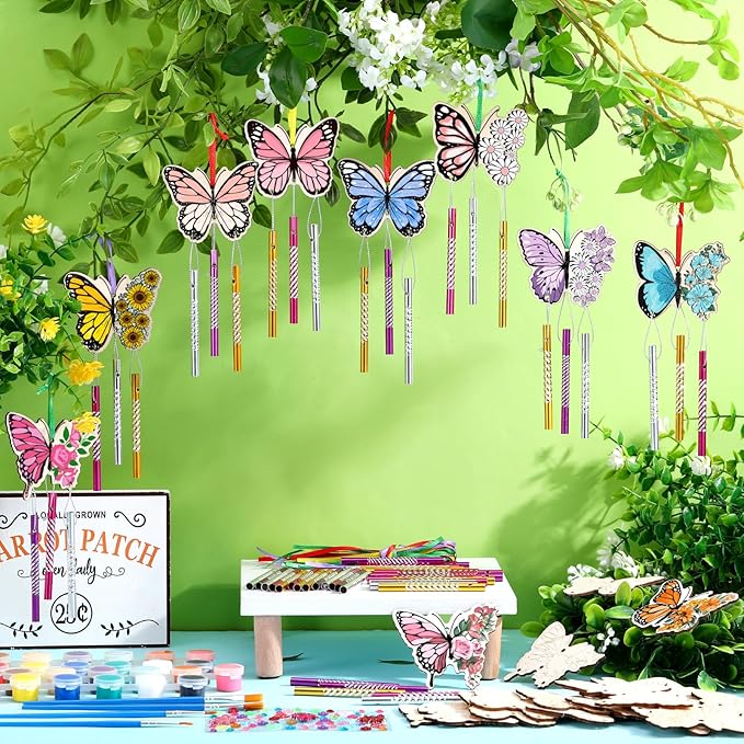 Colingmill 30 Pack Wind Chime Kit Make You Own Crafts Wind Chimes Outdoors Decorative DIY Coloring Wooden Crafts for Gift Art Room Birthday Party Favors(Butterfly Style)