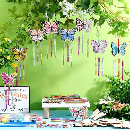 Colingmill 30 Pack Wind Chime Kit Make You Own Crafts Wind Chimes Outdoors Decorative DIY Coloring Wooden Crafts for Gift Art Room Birthday Party Favors(Butterfly Style)