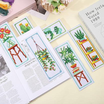 ORIGACH 6 Set Green Plants Cross Stitch Bookmark Kit for Beginner with Backing Felt Floss Instructions DIY Stamped Embroidery Bookmark Kit for Adults, Book Lovers