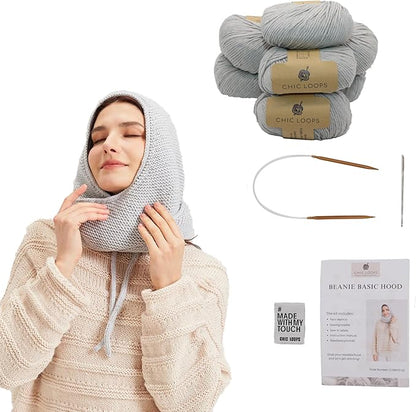 Chic Loops Knitting Kit for Beginners, Knitted Hooded Scarf Beginner Crochet Kit for Adults, Crochet Soft and Cozy Balaclava Beanie Basic Hood for Womem Outdoor Sports with Instruction(Pale Grey)