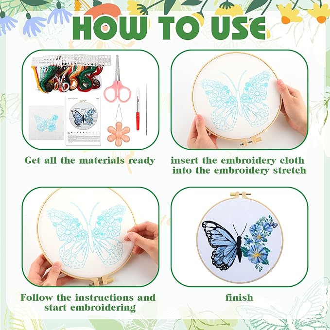 Riceshoot 8 Set Butterfly Floral Embroidery Kit for Beginner Adults Butterfly Embroidery Cross Stitch DIY Craft Needlepoint Pack Kits with Pattern Instruction Cloth Hoops Thread Needle Scissors