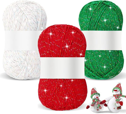 Timgle 3 Pcs Skeins Christmas Yarn for Crocheting 186 Yard Christmas Glitter Yarn Soft Each 100g/ 3.53 oz Knitting Crocheting Gift Craft Project Assorted Starter (Red Green White)