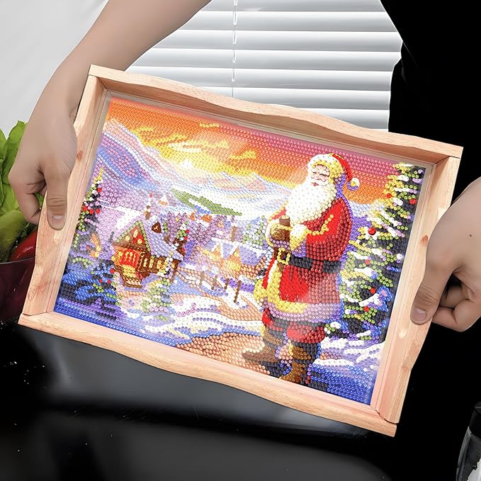 FGbaby DIY 5D Santa Claus Diamond Painting Wood Serving Tray with Handles Diamond Art Decorative Serving Trays Wooden Tray for Breakfast in Bed, Patio, BBQ, Coffee Table, Party –Great for Lap & Couch