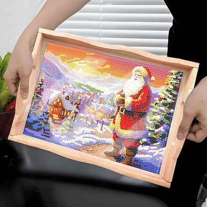 FGbaby DIY 5D Santa Claus Diamond Painting Wood Serving Tray with Handles Diamond Art Decorative Serving Trays Wooden Tray for Breakfast in Bed, Patio, BBQ, Coffee Table, Party –Great for Lap & Couch