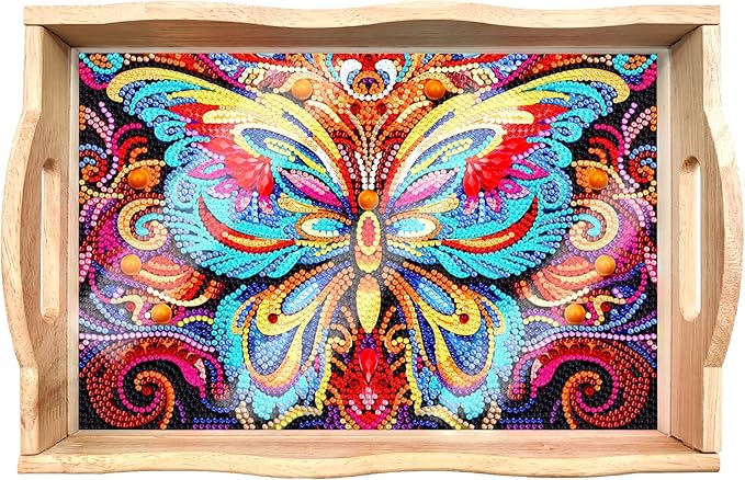 Generic FGbaby DIY 5D Colorful Butterfly Diamond Painting Wood Serving Tray with Handles Diamond Art Decorative Serving Trays Wooden Tray for Breakfast in Bed, Patio, BBQ, Coffee Table, Party
