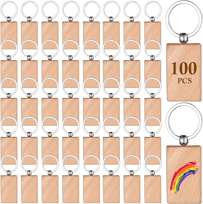 100 Pcs Wood Key Chain Bulk, Wooden Blanks for Key Chains, Rectangle Wood Unfinished Blanks Wooden Key Tag for DIY Gift Craft Supplies