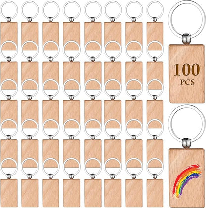 100 Pcs Wood Key Chain Bulk, Wooden Blanks for Key Chains, Rectangle Wood Unfinished Blanks Wooden Key Tag for DIY Gift Craft Supplies