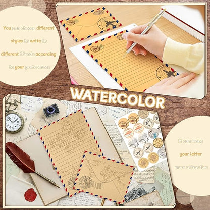 TaoBary 160 Pcs Stationery Paper Set 50 Double Sided Stationery Papers with 50 Matching Envelopes and 60 Round Dot Sticker, 10 Design(Vintage Airmail,5.5 x 8.25 Inch)