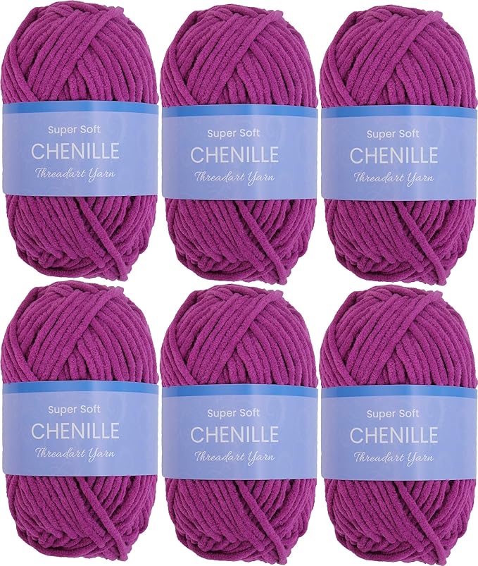6 Pack ThreadArt Chenille Yarn for Crocheting, Knitting, Amigurumi, Super Soft Plush Velvet Yarn - 50 Gram 60 yds #5 Fluffy Yarn Skeins - Magenta 20