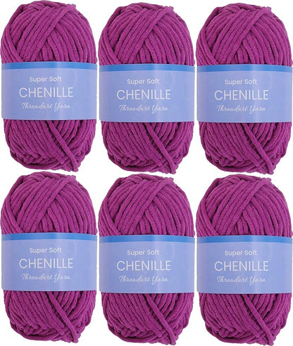 6 Pack ThreadArt Chenille Yarn for Crocheting, Knitting, Amigurumi, Super Soft Plush Velvet Yarn - 50 Gram 60 yds #5 Fluffy Yarn Skeins - Magenta 20