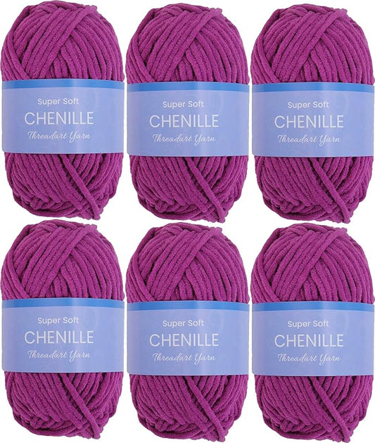 6 Pack ThreadArt Chenille Yarn for Crocheting, Knitting, Amigurumi, Super Soft Plush Velvet Yarn - 50 Gram 60 yds #5 Fluffy Yarn Skeins - Magenta 20