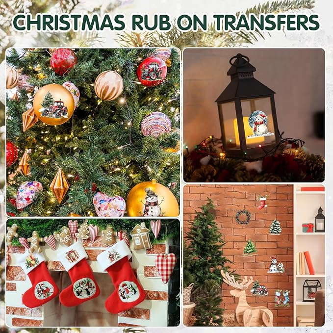 24 Sheets Vintage Christmas Rub On Transfers for Crafts, Rub On Transfers Christmas for Wood，Furniture Decals, Glass, Porcelain, Leather, Canvas, Fabric Projects,3 * 3inch(Cute Christmas)