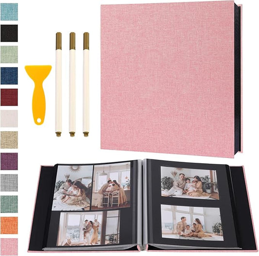 Photo Album Self Adhesive Pages Black Sticky Pages Large Scrapbook Linen Cover for 4x6 5x7 8x10 Pictures Album de Fotos Wedding Couples Baby Family Memory Book, 13.2x12.8 Pink 120 Pages