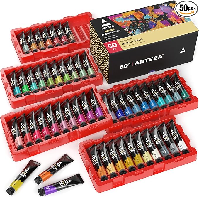 ARTEZA Acrylic Paint Set 50 Colors 0.41 fl oz High-Viscosity, Richly Pigmented Paints for Canvas, Wood & Crafts. Non-Toxic Water-Based Formula, Holiday Gift for Artists & Painters