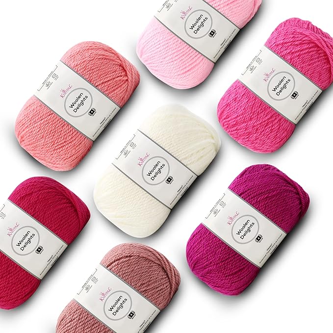 Woolen Delights Soft Wool Yarn for Crocheting, 7-Pack (1218Yds / 700G), Free Patterns - #4 Medium Aran/Heavy Worsted Weight Wool Yarn for Knitting - Pink Pack