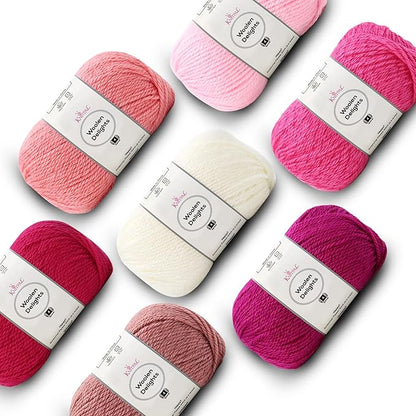 Woolen Delights Soft Wool Yarn for Crocheting, 7-Pack (1218Yds / 700G), Free Patterns - #4 Medium Aran/Heavy Worsted Weight Wool Yarn for Knitting - Pink Pack
