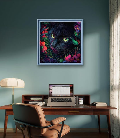 Leczany Cross Stitch Patterns Stamped Kit for Beginners | Embroidery Supplies DIY Craft Kit Needlepoint for Adults Starter | 11CT, 3 Strands | Black Cat in Flowers 16.5x16.5 inches