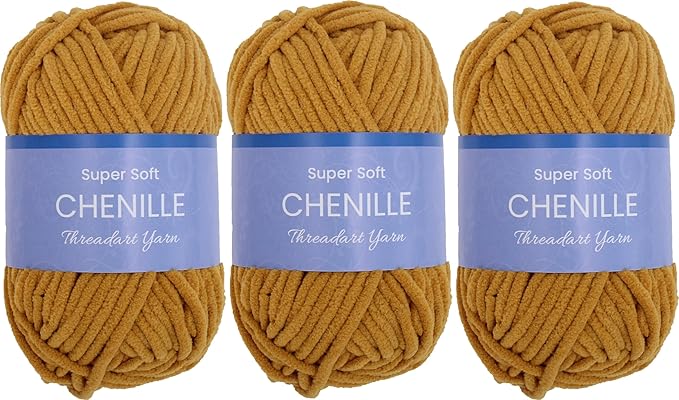 3 Pack ThreadArt Chenille Yarn for Crocheting, Knitting, Amigurumi, Super Soft Plush Velvet Yarn - 50 Gram 60 yds #5 Fluffy Yarn Skeins - Mustard 13