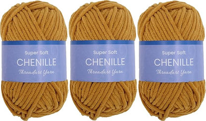 3 Pack ThreadArt Chenille Yarn for Crocheting, Knitting, Amigurumi, Super Soft Plush Velvet Yarn - 50 Gram 60 yds #5 Fluffy Yarn Skeins - Mustard 13