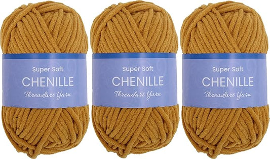 3 Pack ThreadArt Chenille Yarn for Crocheting, Knitting, Amigurumi, Super Soft Plush Velvet Yarn - 50 Gram 60 yds #5 Fluffy Yarn Skeins - Mustard 13