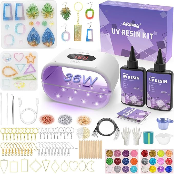 Akisey UV Resin Jewelry Making Kit, 200g Clear UV Resin Glue with Two-Sided Light & Molds, Starter Kit for Making Jewelry, Earring, Necklaces, Keychains