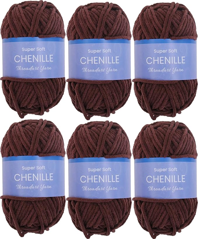 6 Pack ThreadArt Chenille Yarn for Crocheting, Knitting, Amigurumi, Super Soft Plush Velvet Yarn - 50 Gram 60 yds #5 Fluffy Yarn Skeins - Chocolate Brown 14