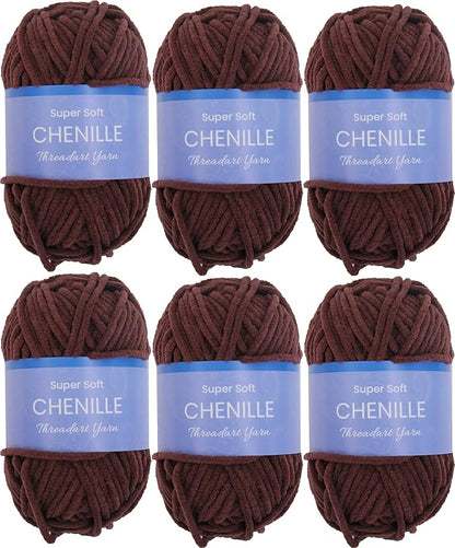 6 Pack ThreadArt Chenille Yarn for Crocheting, Knitting, Amigurumi, Super Soft Plush Velvet Yarn - 50 Gram 60 yds #5 Fluffy Yarn Skeins - Chocolate Brown 14