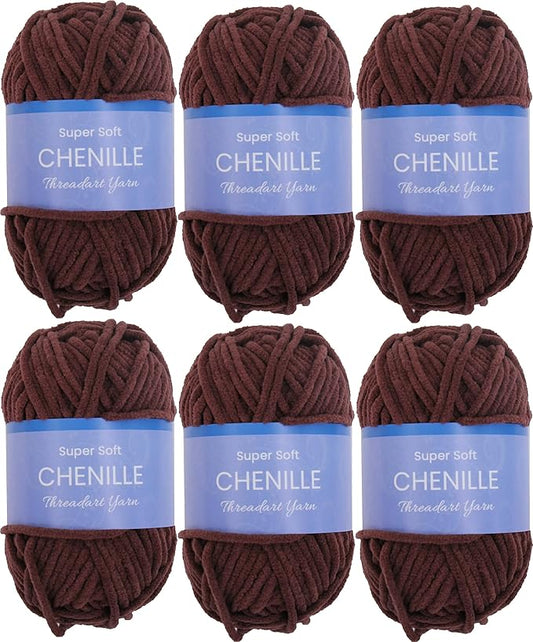 6 Pack ThreadArt Chenille Yarn for Crocheting, Knitting, Amigurumi, Super Soft Plush Velvet Yarn - 50 Gram 60 yds #5 Fluffy Yarn Skeins - Chocolate Brown 14