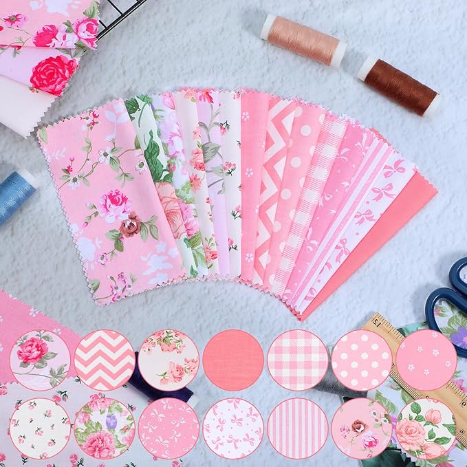42 Pcs Pink Charm Packs for Quilting, 5x5 Inch Precut Cotton Quilting Fabric Squares, Floral Cotton Fabric for Sewing Patchwork DIY Crafts