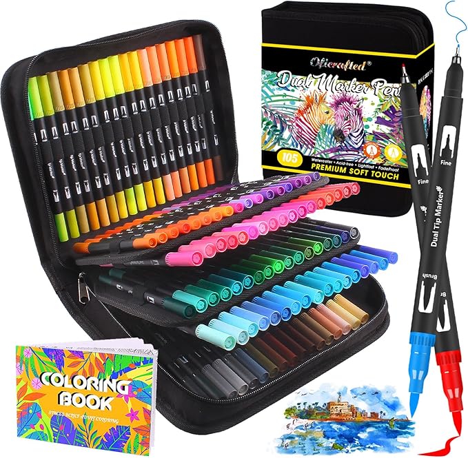 Oficrafted Brush Pens, 105 Colors Dual Tip Markers for Adult Coloring Books, Note Taking and Lettering