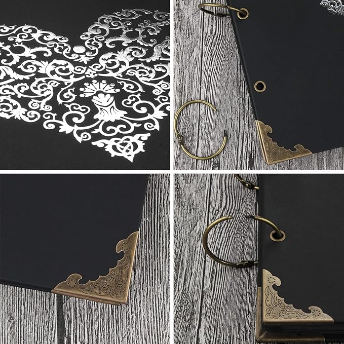 ADVcer Photo Album DIY Scrapbook, 10x10 inch 50 Pages Double Sided, Vintage Hardcover Three-Ring Binder Picture Booth Albums with 6 Colors 408pcs Self Adhesive Photos Corners for Memory Keep (Black)