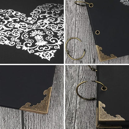 ADVcer Photo Album DIY Scrapbook, 10x10 inch 50 Pages Double Sided, Vintage Hardcover Three-Ring Binder Picture Booth Albums with 6 Colors 408pcs Self Adhesive Photos Corners for Memory Keep (Black)