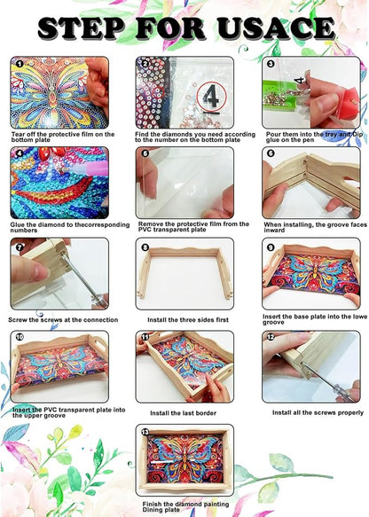 DIY Diamond Art Wooden Tray Kit With Handle, Painted Table Decoration for Breakfast, Bar Dinner Table, Gem Painting Art Set for Beginners-#31-Butterfly