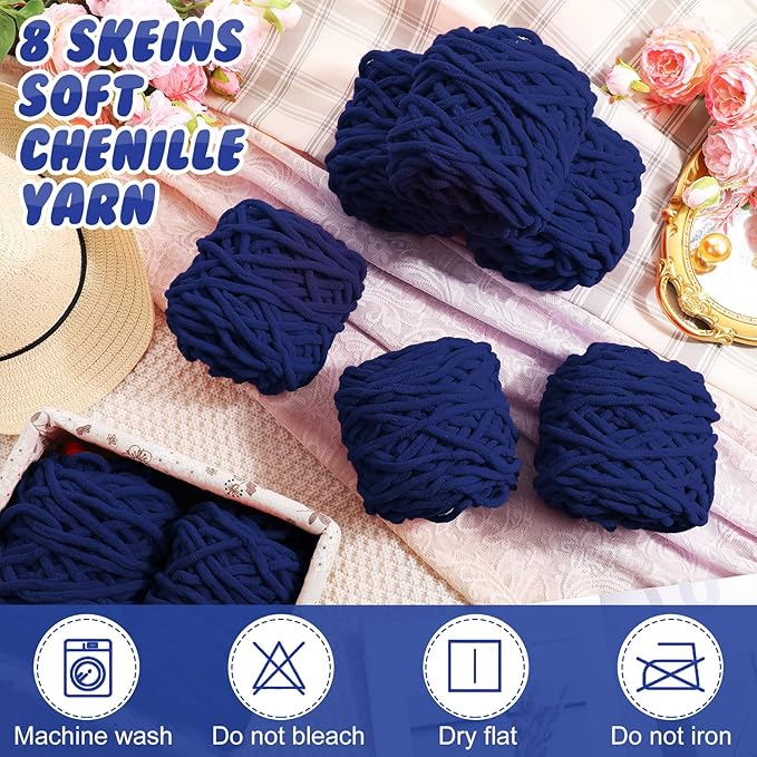 Buryeah 8 Pack Chunky Chenille Yarn for Crocheting Soft Thick Fluffy Yarn for Hand Knitting Bulky Velvet Blanket Plush for Weaving DIY Crafts Each 3.5 oz 55 Yards (Navy Blue)