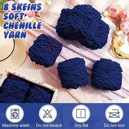 Buryeah 8 Pack Chunky Chenille Yarn for Crocheting Soft Thick Fluffy Yarn for Hand Knitting Bulky Velvet Blanket Plush for Weaving DIY Crafts Each 3.5 oz 55 Yards (Navy Blue)