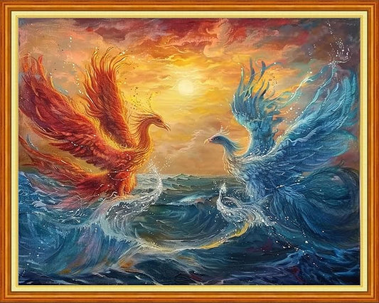 Foxhool Stamped Cross Stitch Kits,11CT Printed Cross Stitch Pattern Full Embroidery Kits for Beginner Needlepoint Kits-Water Fire Phoenix Sunrise 16x20 inch