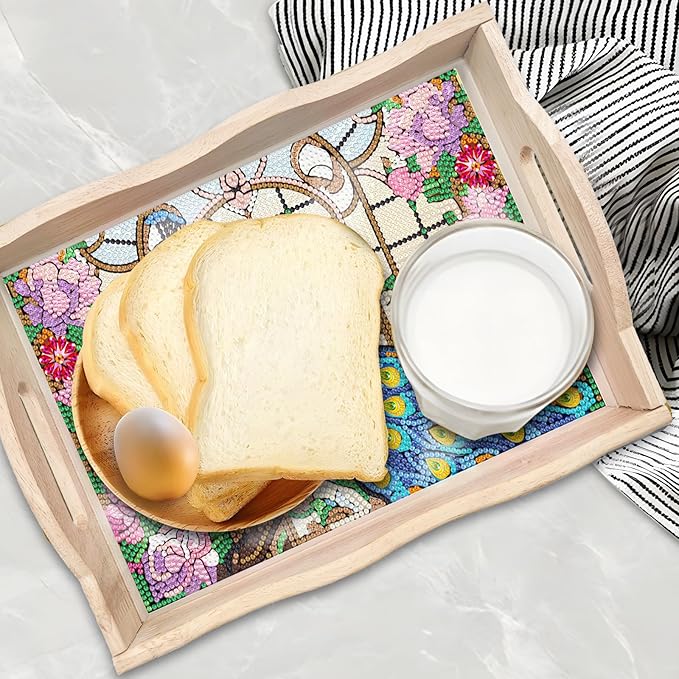 DIY Diamond Art Wooden Tray Kit, Food Tray with Handle Diamond Painted Table Decoration Tray, for Breakfast, Bar Dinner Table Diamond Dots Gem Painting Art Set for Beginners (#03-Peafowl)