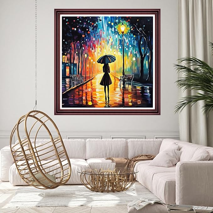 DMCCRAFT Stamped Cross Stitch Kits for Adults 11CT Printed Cross-Stitch Patterns Embroidery Kits Easy Cross Stitching Needlepoint Kits Crossstitch-A Girl Strolling on a Rainy Night 18x18 inch