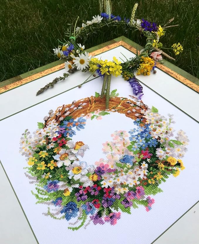 RIOLIS - Wreath with Bird Cherry 1536, Floral Cross Stitch Kits 11.75"x11.75", Cross Stitch Kits for Beginners & Advanced, Crossstitching Kit Adult, Embroidery Counted Stitching Kit