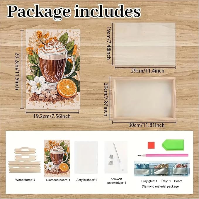 DoxQcs DIY Diamond Art Wooden Tray Kit Easter Food Tray with Handle Diamond Painted Table Decoration Tray for Breakfast Bar Dinner Table Diamond Art Painting for Beginners-#11-Coffee