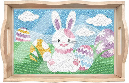 FGbaby DIY 5D Easter Bunny Diamond Painting Wood Serving Tray with Handles Diamond Art Decorative Serving Trays Wooden Tray for Breakfast in Bed, Patio, BBQ, Coffee Table, Party –Great for Lap & Couch