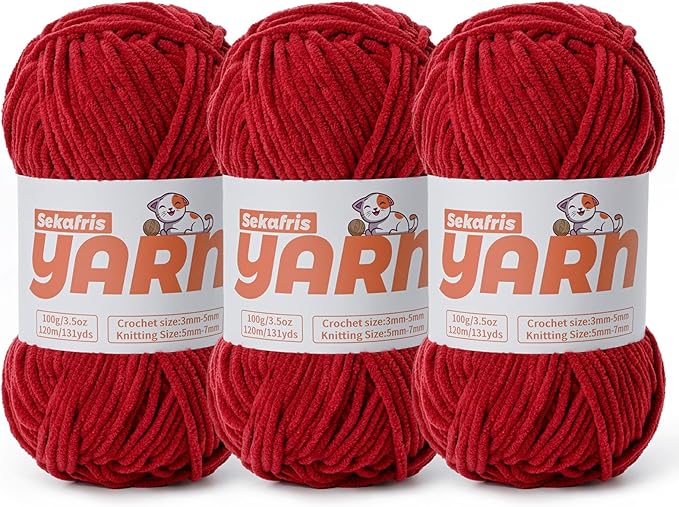 3 Pack Plush Chunky Chenille Yarn for Crocheting, Soft Fluffy Velvet Yarn for Crocheting, Fuzzy Baby Blanket Knitting Yarn, 300g/393yds Bulky Amigurumi Yarns（3 Burgundy）