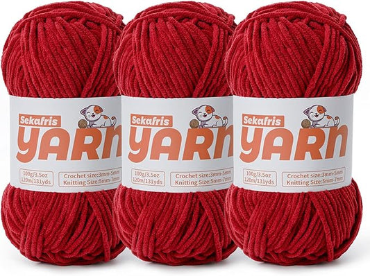3 Pack Plush Chunky Chenille Yarn for Crocheting, Soft Fluffy Velvet Yarn for Crocheting, Fuzzy Baby Blanket Knitting Yarn, 300g/393yds Bulky Amigurumi Yarns（3 Burgundy）