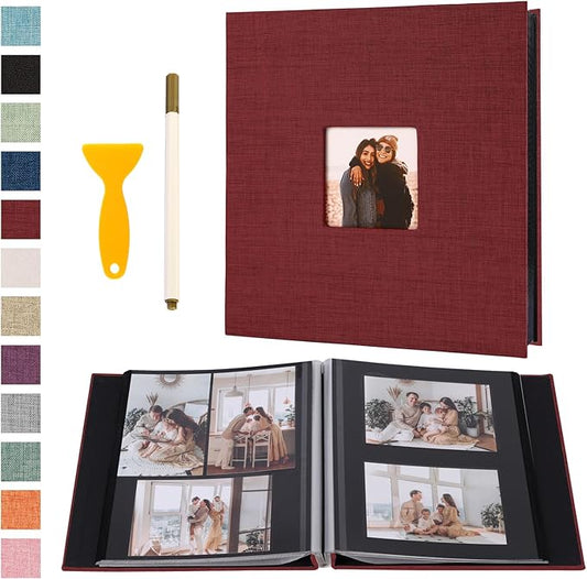 Self Adhesive Photo Album Black Pages Scrapbook Magnetic Photo Albums for 4x6 5x7 8x10 Pictures Books with Sticky Pages with A Metallic Pen for Baby Family Wedding 11x10.6 Red 60 Pages