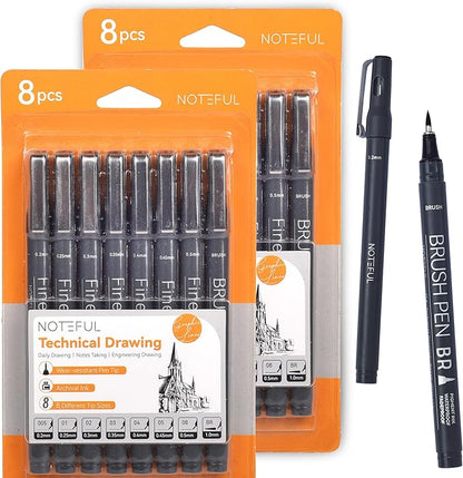 NOTEFUL Fineliner Pens - Black Micro Pens for Writing, Drawing & Journaling – Archival Waterproof Ink – Precision Art Pens for Sketching, Outlining & Detailing (2 Count (Pack of 8))