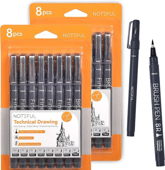 NOTEFUL Fineliner Pens - Black Micro Pens for Writing, Drawing & Journaling – Archival Waterproof Ink – Precision Art Pens for Sketching, Outlining & Detailing (2 Count (Pack of 8))