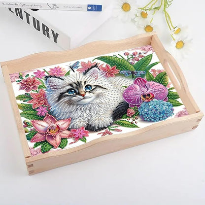 DoxQcs DIY Diamond Art Wooden Food Tray with Handle Diamond Painted Table Decoration Tray for Breakfast Bar Dinner Table Diamonds Art Painting for Beginners-Cat