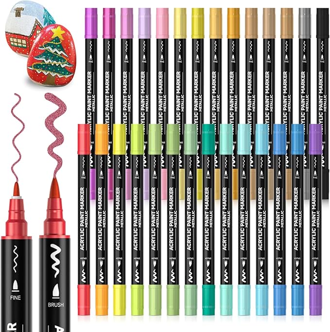 28 Metallic Colors Dual Tip Acrylic Paint Markers, Brush Tip and Fine Tip Acrylic Paint Pens for Rock, Ceramic, Wood, Canvas, Plastic, Glass, Stone, Calligraphy, Card Making, Crafts & Nail Art