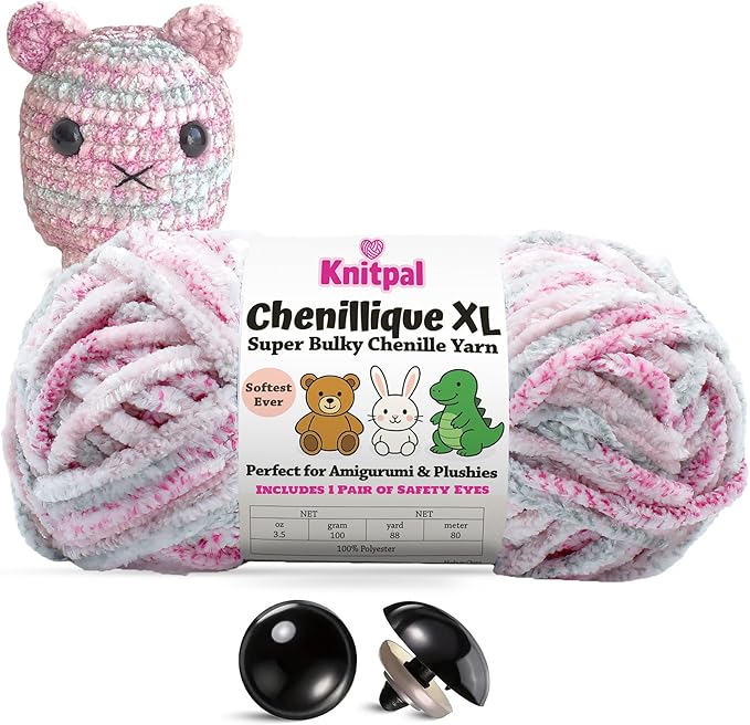 Chenillique XL Super Bulky Chenille Yarn – 100g Skein (88 Yards) + Safety Eyes + Free Plushie Pattern – Plush Polyester Yarn for Amigurumi, Crochet & Knitting - Dusky Rose
